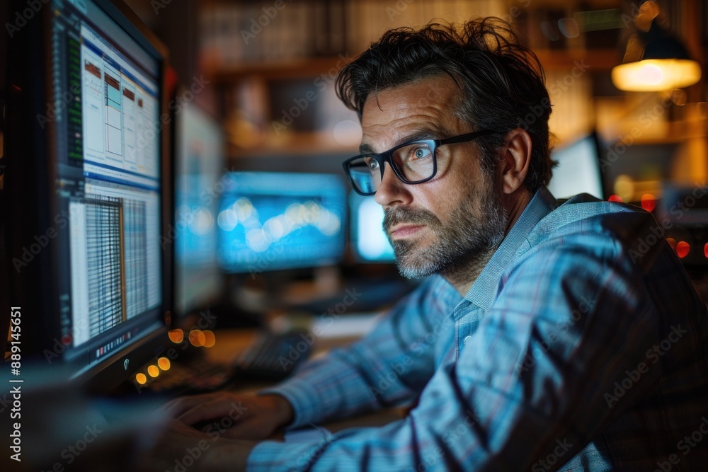 A financial analyst working late at night in an office surrounded by financial documents and computer screens displaying financial data The analyst appears focused and determined, showcasing the A financial analyst working late at night in an office surrounded by financial documents and computer screens displaying financial data The analyst appears focused and determined, showcasing the