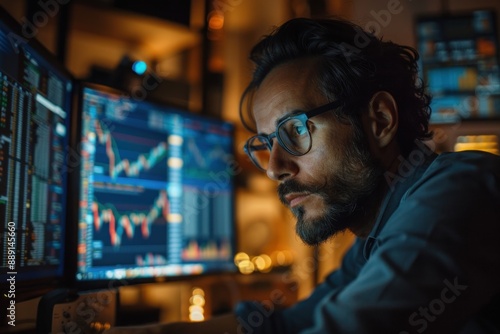 A financial analyst working late at night in an office surrounded by financial documents and computer screens displaying financial data The analyst appears focused and determined, showcasing the