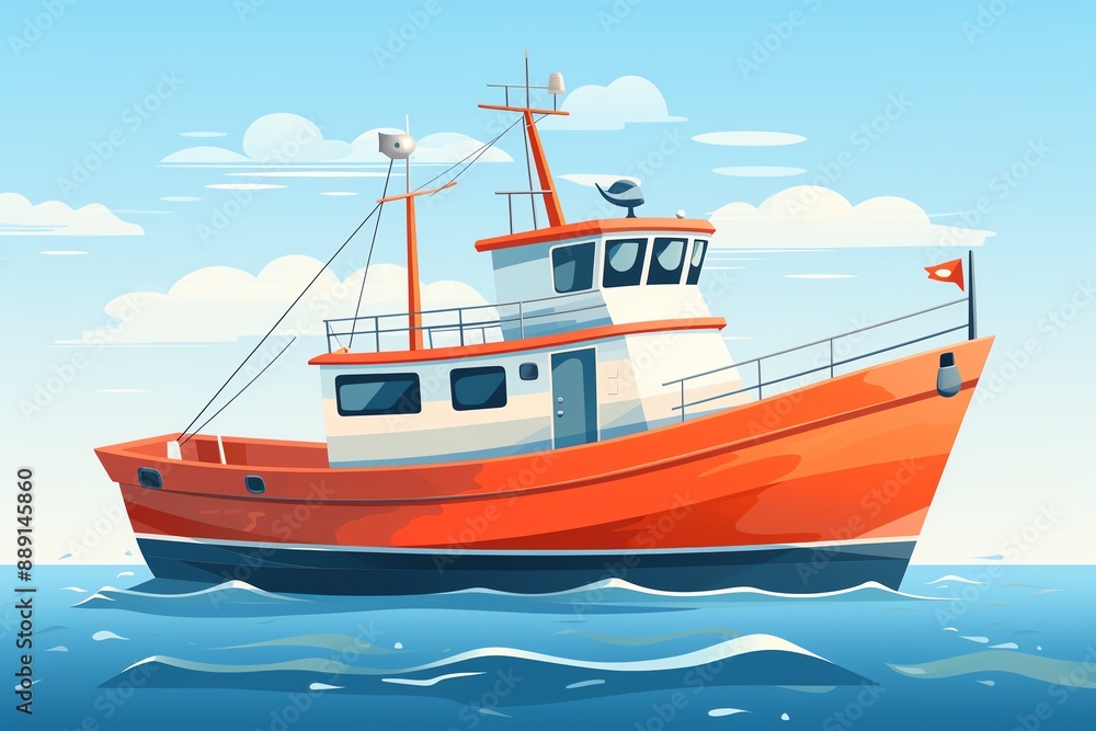 Fishing boat flat design front view ocean theme animation Triadic Color Scheme Fishing boat flat design front view ocean theme animation Triadic Color Scheme