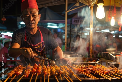 a man cooking food on a grill at night
