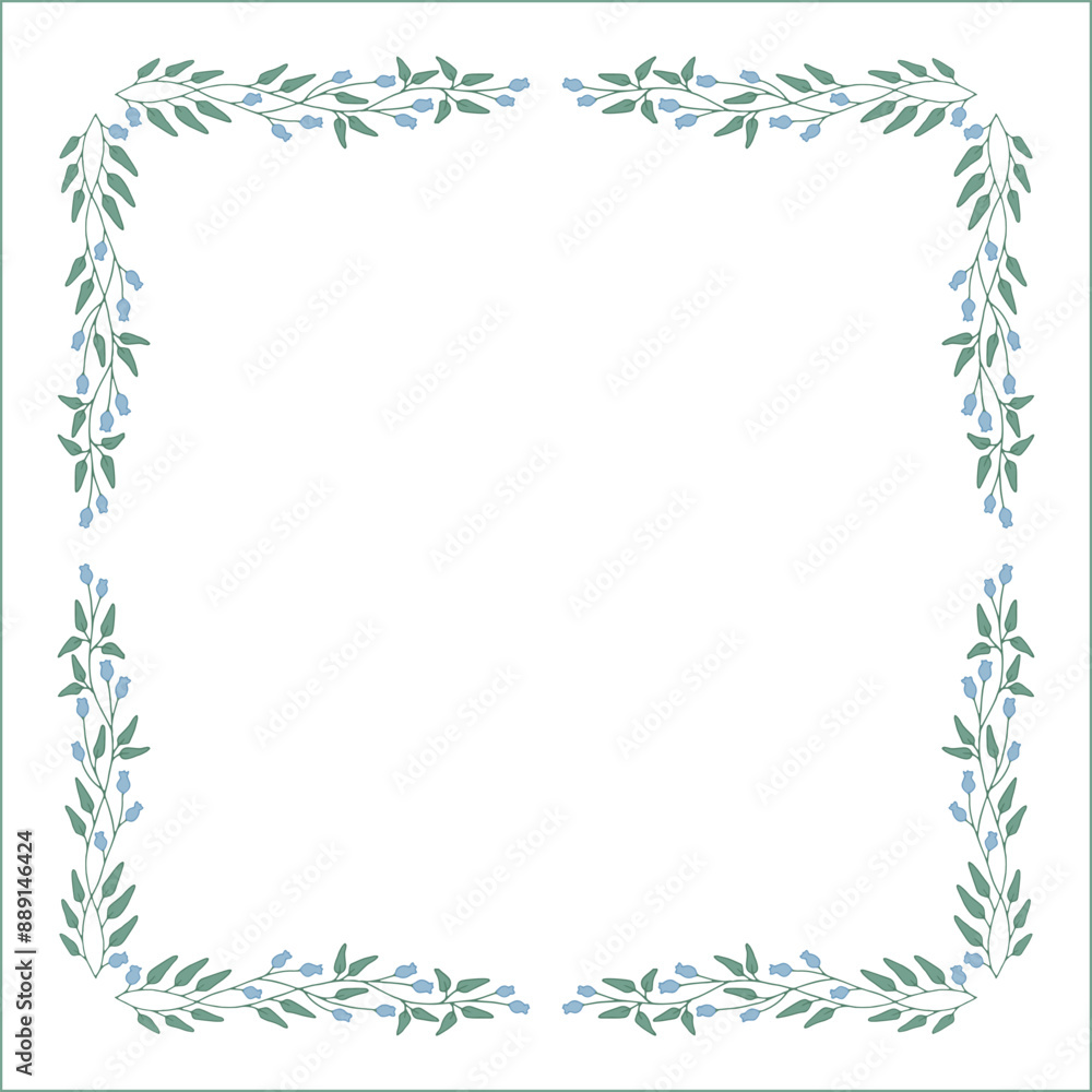 Green floral frame with blue bluebell flowers, bluebells decorative corners for greeting cards, banners, business cards, invitations, menus. Isolated vector illustration. Green floral frame with blue bluebell flowers, bluebells decorative corners for greeting cards, banners, business cards, invitations, menus. Isolated vector illustration.