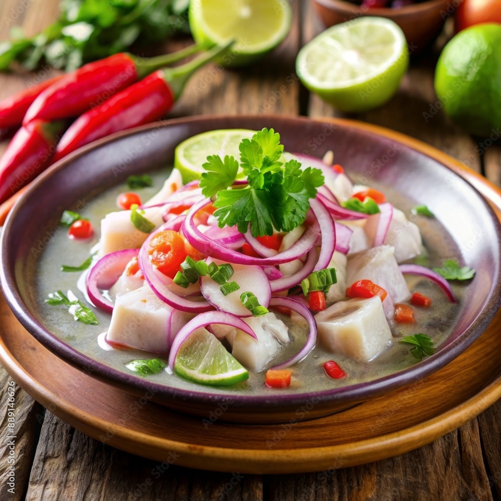 Peruvian Ceviche Fresh fish marinated in lime juice, mixed with onions, cilantro, and chili peppers. Peruvian Ceviche Fresh fish marinated in lime juice, mixed with onions, cilantro, and chili peppers.