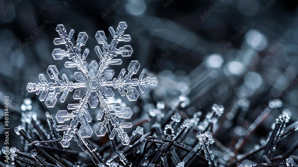 A delicate snowflake rests on a bed of frosted branches, showcasing intricate details and a wintery beauty. A delicate snowflake rests on a bed of frosted branches, showcasing intricate details and a wintery beauty.