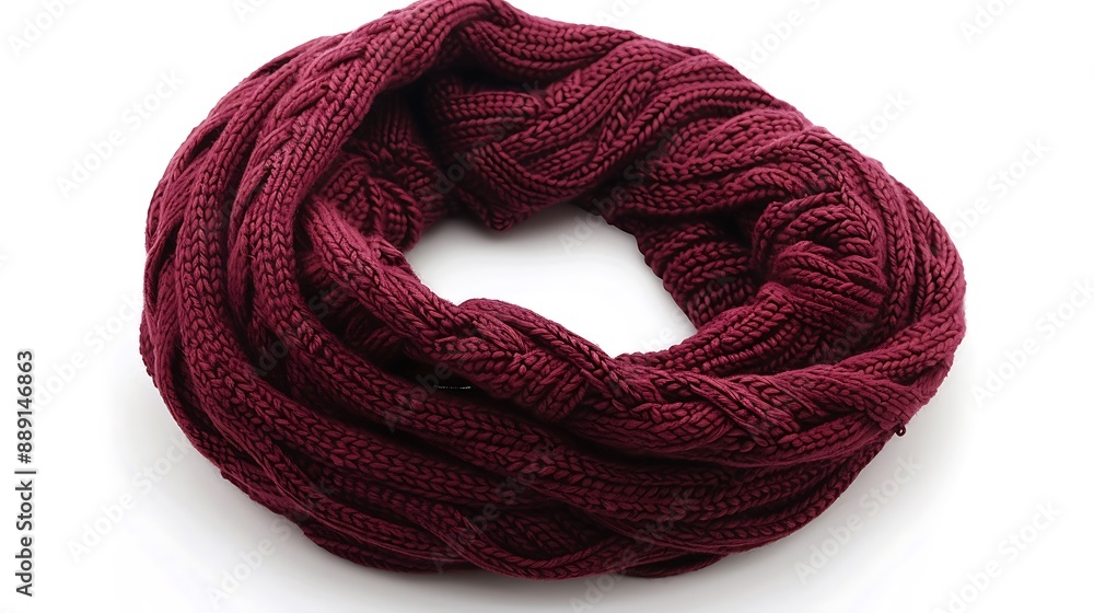 Fototapeta premium A knitted infinity scarf in a deep burgundy shade, displayed on a white background