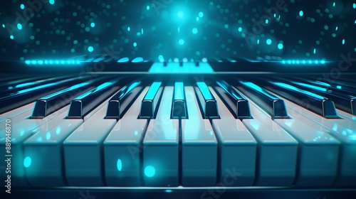 A close-up of a piano keyboard with a blue glow, suggesting musical inspiration and creativity.