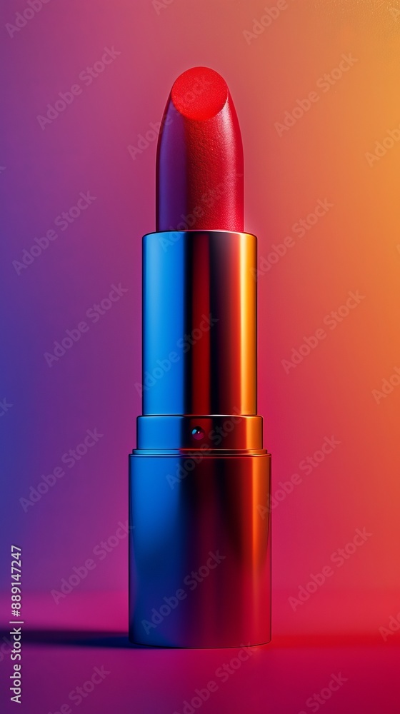 A red lipstick is shown in a colorful background A red lipstick is shown in a colorful background