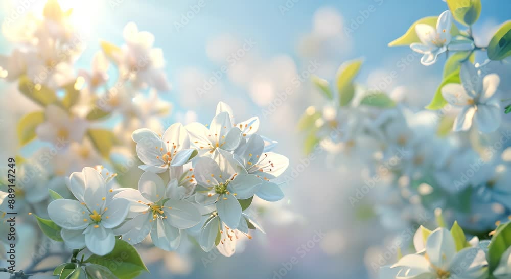 A beautiful field of white flowers with a bright blue sky in the background. The flowers are in full bloom and the sunlight is shining on them, creating a serene and peaceful atmosphere A beautiful field of white flowers with a bright blue sky in the background. The flowers are in full bloom and the sunlight is shining on them, creating a serene and peaceful atmosphere