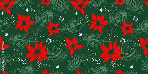 Seamless abstract pattern with winter poinsettia. Plant print. Vector graphics.