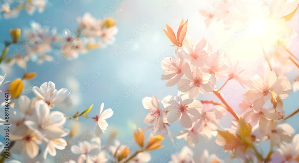 A beautiful image of a tree with white flowers. The flowers are scattered throughout the tree, with some blooming and others still in bud. The tree is surrounded by a blue sky A beautiful image of a tree with white flowers. The flowers are scattered throughout the tree, with some blooming and others still in bud. The tree is surrounded by a blue sky