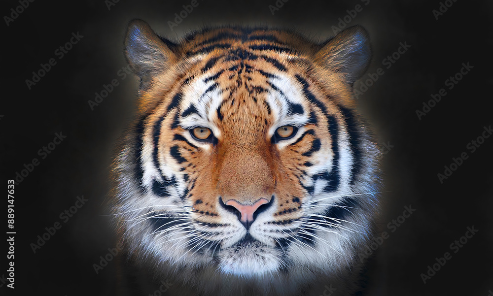 A large tiger's muzzle highlighted on a black background A large tiger's muzzle highlighted on a black background