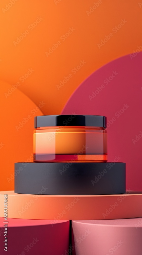 A jar of cream is displayed on a table with a black base A jar of cream is displayed on a table with a black base