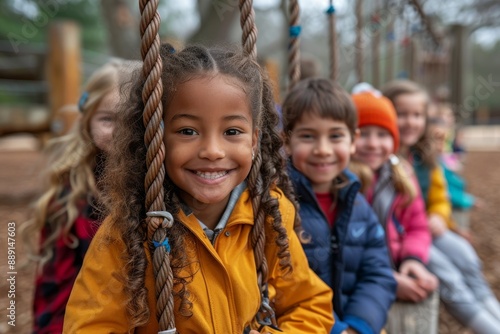 A group of classmates having fun on a playground during. Generative AI © miss_fortuna