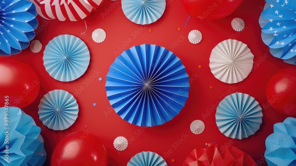 Colorful paper fans and balloons in red, white, and blue hues for a patriotic party or celebration Colorful paper fans and balloons in red, white, and blue hues for a patriotic party or celebration