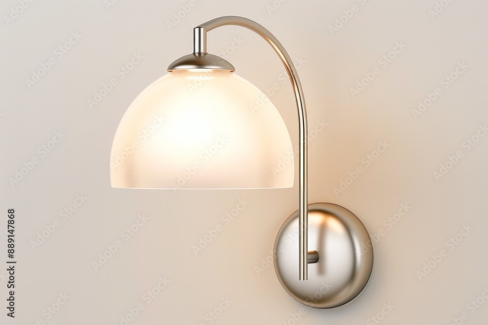 Contemporary wall lamp with a frosted glass dome shade and a brushed nickel finish on a gently curved arm Contemporary wall lamp with a frosted glass dome shade and a brushed nickel finish on a gently curved arm