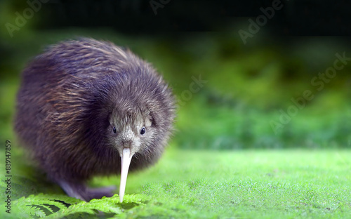 Kiwi is a bird standing among green ferns and grass