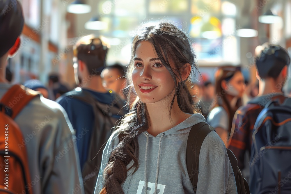 First-year students gathered. A girl in an educational institution. Generative AI First-year students gathered. A girl in an educational institution. Generative AI