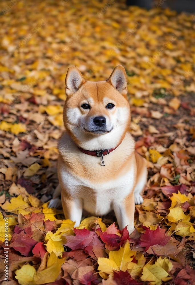 Shiba Inu nestled among piles of colorful autumn leaves in a quaint village square. Shiba Inu nestled among piles of colorful autumn leaves in a quaint village square.