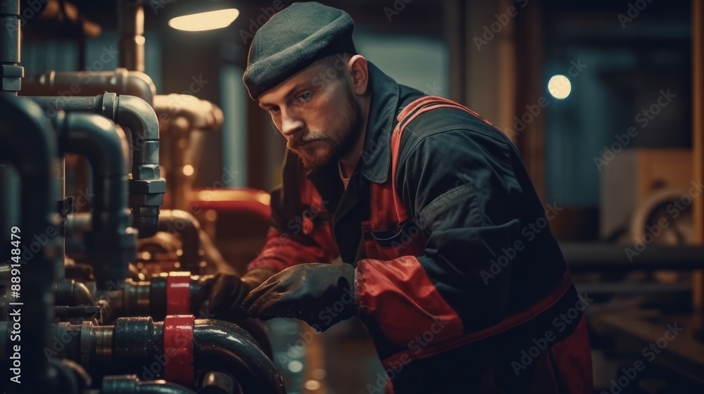 Industrial Worker Examining Complex Piping System Industrial Worker Examining Complex Piping System
