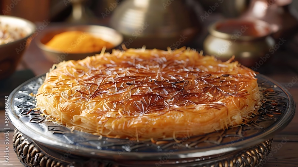 Closeup of Delicious Kunafa Dessert on Silver Plate Closeup of Delicious Kunafa Dessert on Silver Plate