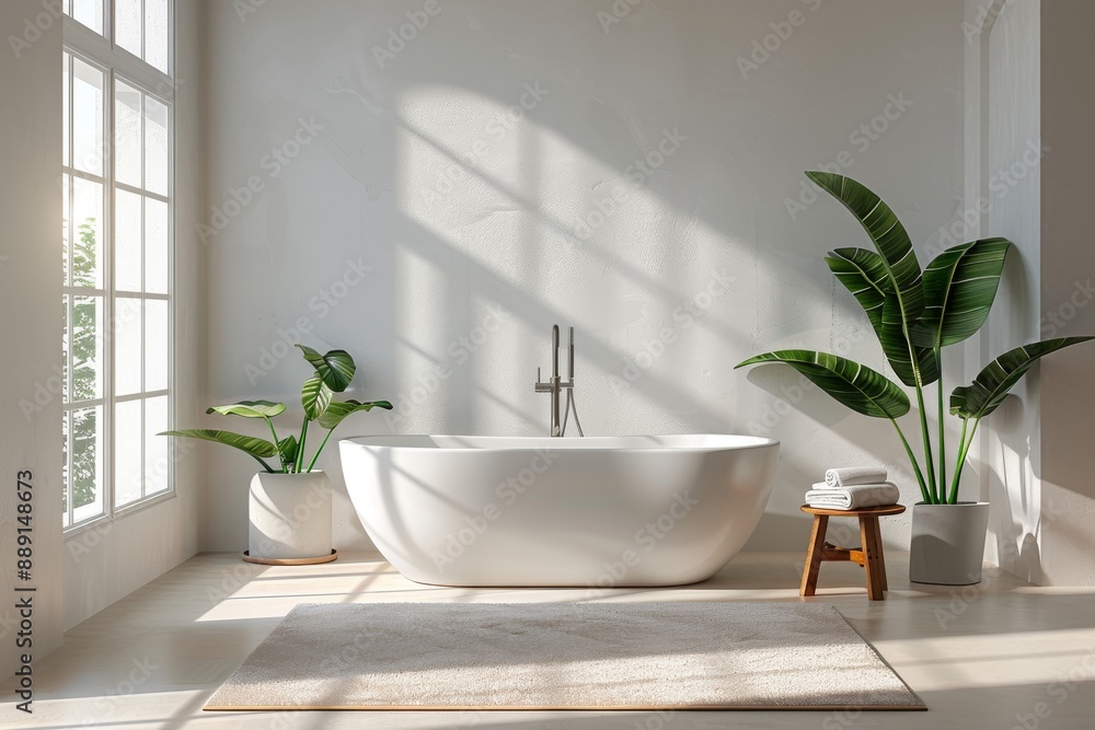 Fototapeta premium Bathroom with Modern Fixtures and Simple Layout: A minimalist bathroom mockup featuring modern fixtures and a simple layout.
