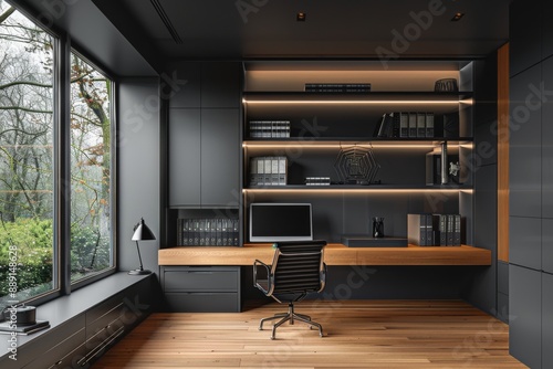 Home Office with Hidden Storage and Clean Aesthetic: A minimalist home office mockup with concealed storage solutions.