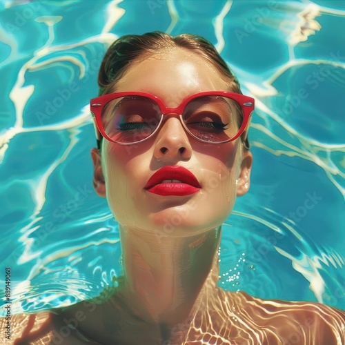 sunkissed woman in vibrant pool donning retro cateye sunglasses crimson lips pop against turquoise water summer radiance and vintage glamour blend seamlessly photo