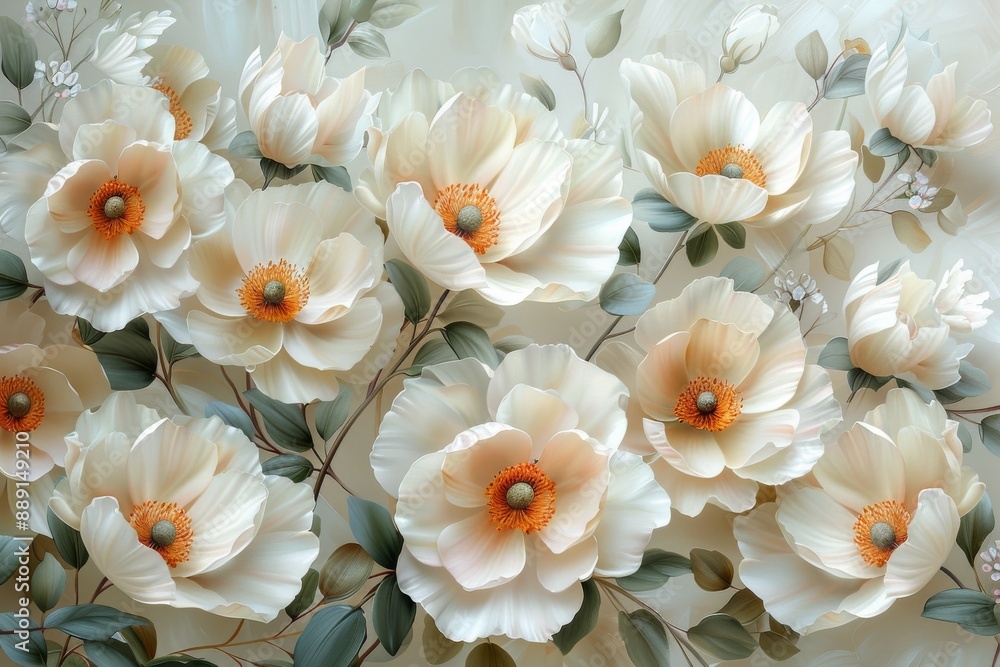 The floral wallpaper pattern features white petals with light green and purple details on a detailed background. Generative AI The floral wallpaper pattern features white petals with light green and purple details on a detailed background. Generative AI