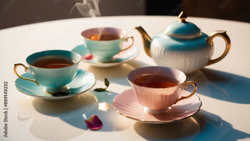 A cinematic photo of a still life, featuring delicate teacups and a teapot, arranged with precision on a crisp, clear PNG or white background, capturing the warmth and serenity of a refreshing A cinematic photo of a still life, featuring delicate teacups and a teapot, arranged with precision on a crisp, clear PNG or white background, capturing the warmth and serenity of a refreshing