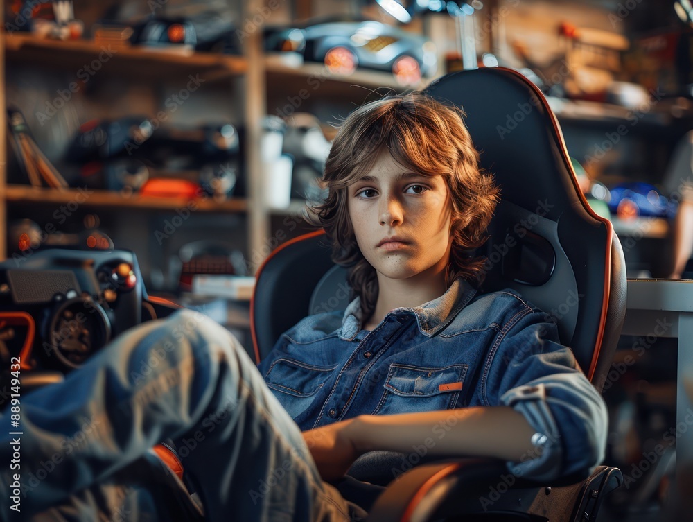 Young Gamer Boy Sitting in a Gaming Chair, Focused on Video Game Play, Enthusiastically Engaging in Virtual World, Competitive Gaming, Esports, Passionate Gamer, Gaming Enthusiast, Gaming Setup Young Gamer Boy Sitting in a Gaming Chair, Focused on Video Game Play, Enthusiastically Engaging in Virtual World, Competitive Gaming, Esports, Passionate Gamer, Gaming Enthusiast, Gaming Setup