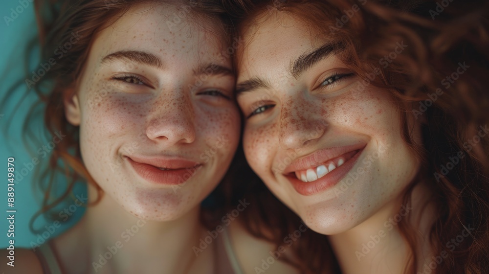 Two happy women with freckles posing for a photo shoot