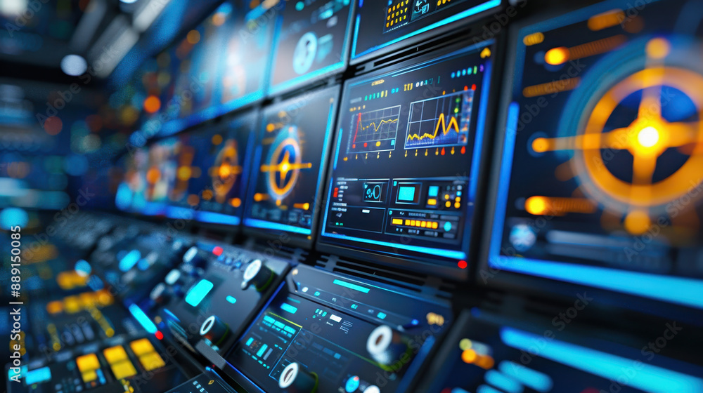 High-tech control room with multiple digital screens displaying data and futuristic user interfaces High-tech control room with multiple digital screens displaying data and futuristic user interfaces