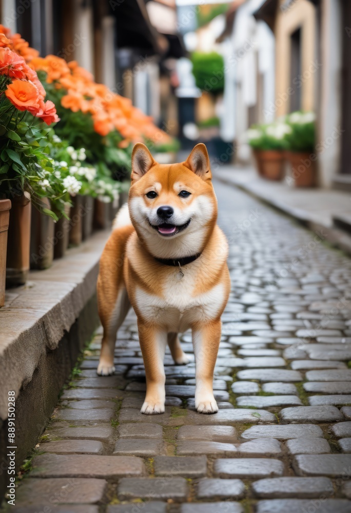 Shiba Inu exploring a cobblestone street lined with charming cafes and blooming flower boxes. Shiba Inu exploring a cobblestone street lined with charming cafes and blooming flower boxes.