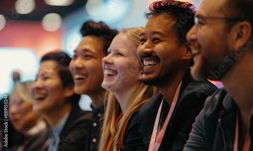 Close-Up of Happy and Laughing Group of Employees or Participants Listening to Startup Owner Speak at Trade Show Event. AI-Generated, High-Quality 4K Wallpaper.