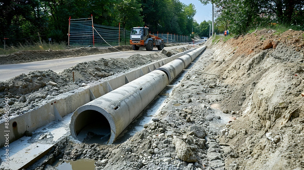 Large concrete pipes installation on a road construction site Large concrete pipes installation on a road construction site