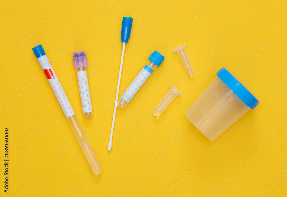 Medical test tubes and jar for tests on white background Medical test tubes and jar for tests on white background