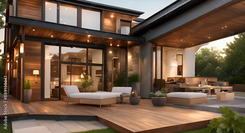Back yard house exterior with spacious wooden deck with patio area and attached pergola 4k animation Back yard house exterior with spacious wooden deck with patio area and attached pergola 4k animation