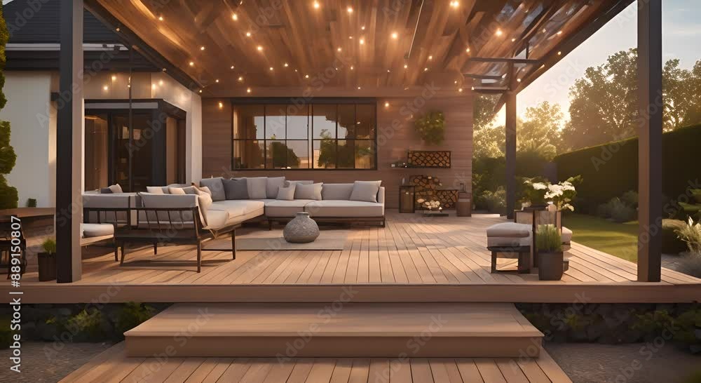 Back yard house exterior with spacious wooden deck with patio area and attached pergola 4k animation Back yard house exterior with spacious wooden deck with patio area and attached pergola 4k animation