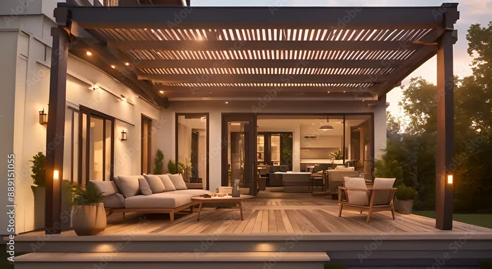 Back yard house exterior with spacious wooden deck with patio area and attached pergola 4k animation Back yard house exterior with spacious wooden deck with patio area and attached pergola 4k animation