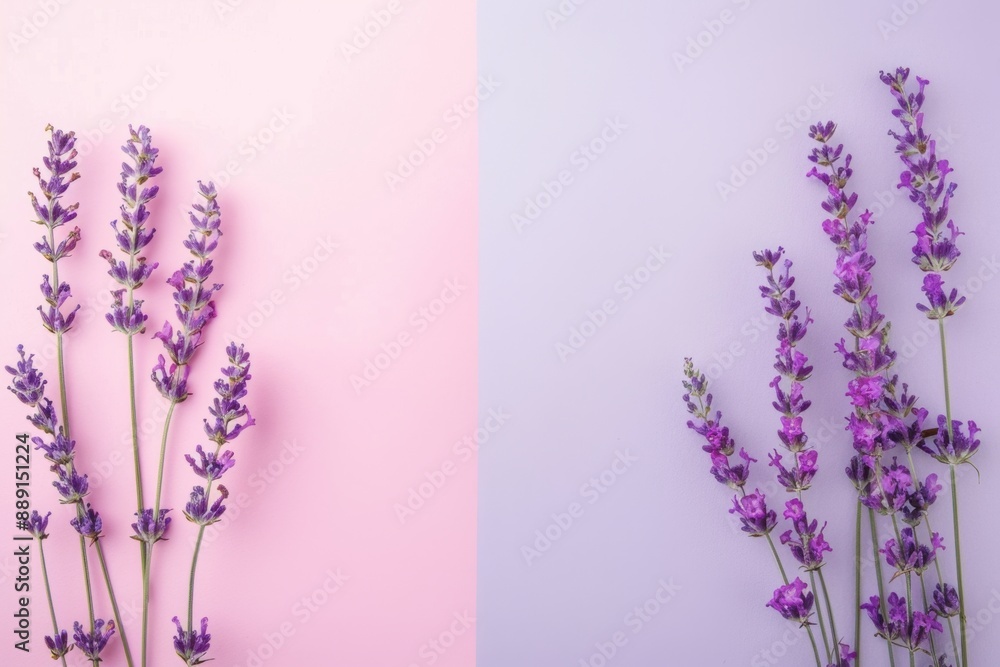 Obraz premium Beautifully arranged lavender flowers on a pink and purple background, perfect for text. Delicate blossoms add nature to a simple design. Calming aroma makes it ideal for wellness products