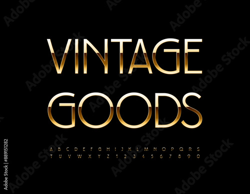 Vector elite emblem Vintage Goods.. Slim Gold Font. Luxury Alphabet Letters and Numbers set.