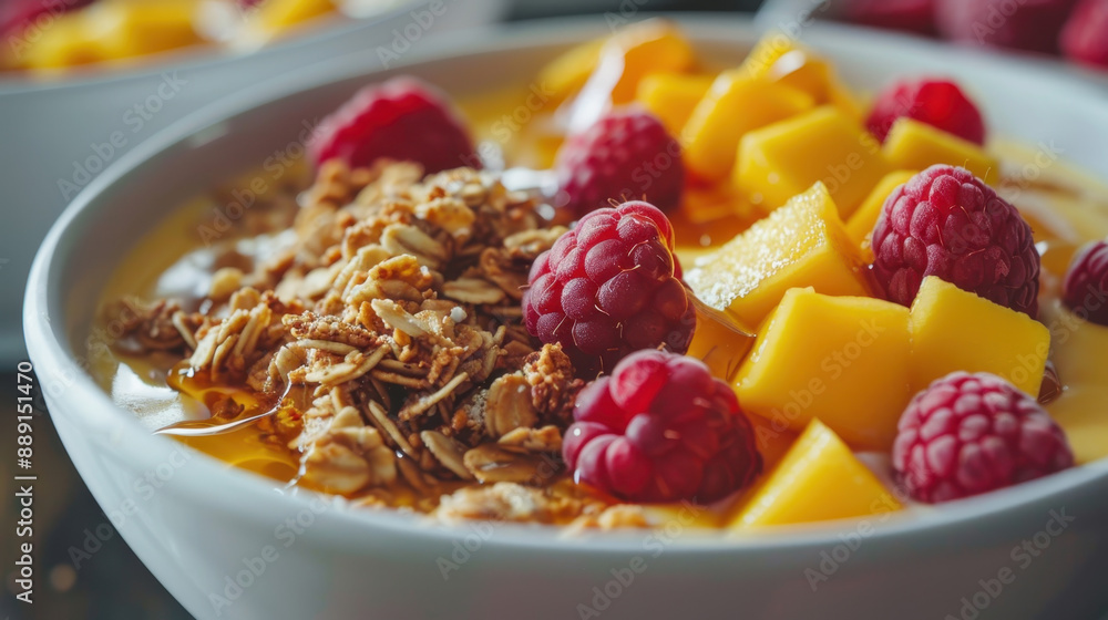 Close-up of a healthy breakfast bowl with granola, fresh raspberries, mango chunks, and honey Close-up of a healthy breakfast bowl with granola, fresh raspberries, mango chunks, and honey