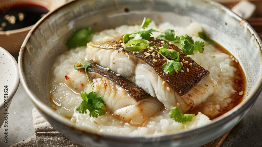 Asian style fish congee topped with cilantro, sesame seeds, and green onions in a ceramic bowl Asian style fish congee topped with cilantro, sesame seeds, and green onions in a ceramic bowl