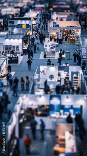 Abstract Blurred Focus of Trade Show Event with Business Conference, Exhibition, Job Fair, and Tech Expo. AI-Generated 4K High-Quality Wallpaper Depicting Busy Exhibition Hall with Blurred Individuals © cosmosgod