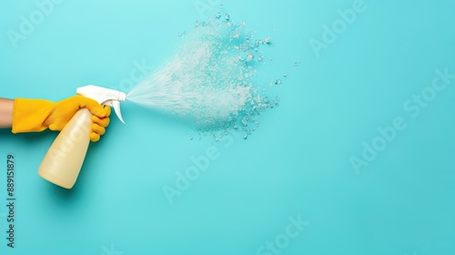 A Burst of Clean: A Hand in Yellow Gloves Spritzing a Spray Bottle Against a Blue Background