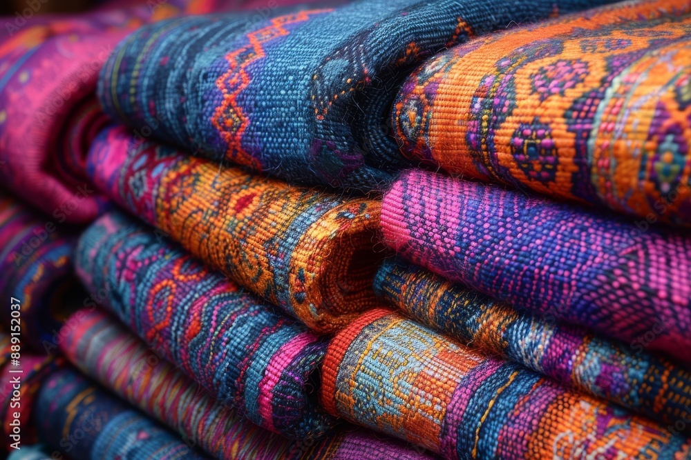 Stacks of woolen fabric. Traditional patterns. Generative AI Stacks of woolen fabric. Traditional patterns. Generative AI