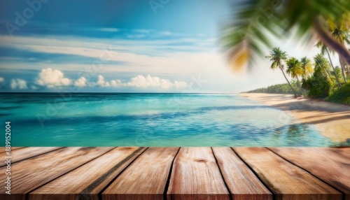 Wooden Table Scene: Tropical Beach Backdrop