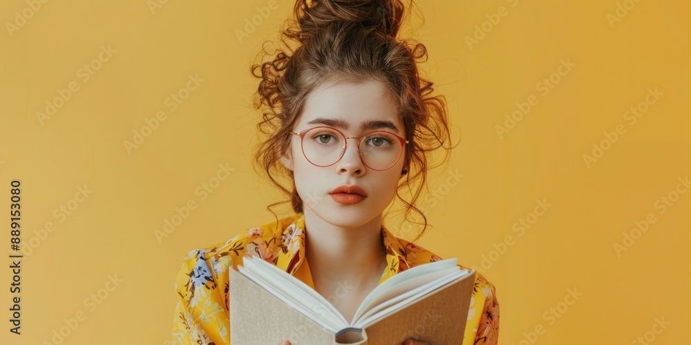 A woman holds a book in front of her face, wearing glasses and likely absorbed in the story A woman holds a book in front of her face, wearing glasses and likely absorbed in the story