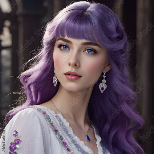 Meet Sarah, a 20-year-old European girl with striking blue eyes and long purple hair that falls past her shoulders. She sports bangs on the right side of her face, framing her defined cheekbones and s photo