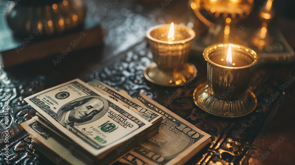 A stack of $100 bills sits on a wooden table next to two burning candles. A stack of $100 bills sits on a wooden table next to two burning candles.