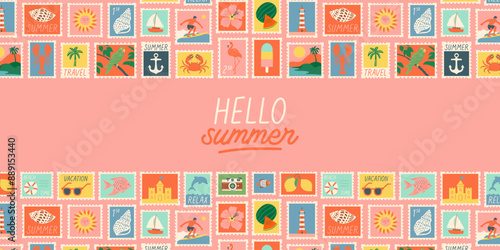 Hello summer vintage postage stamp illustration. Retro style beach vacation drawing collection, summertime season background template, tourism landscape banner.